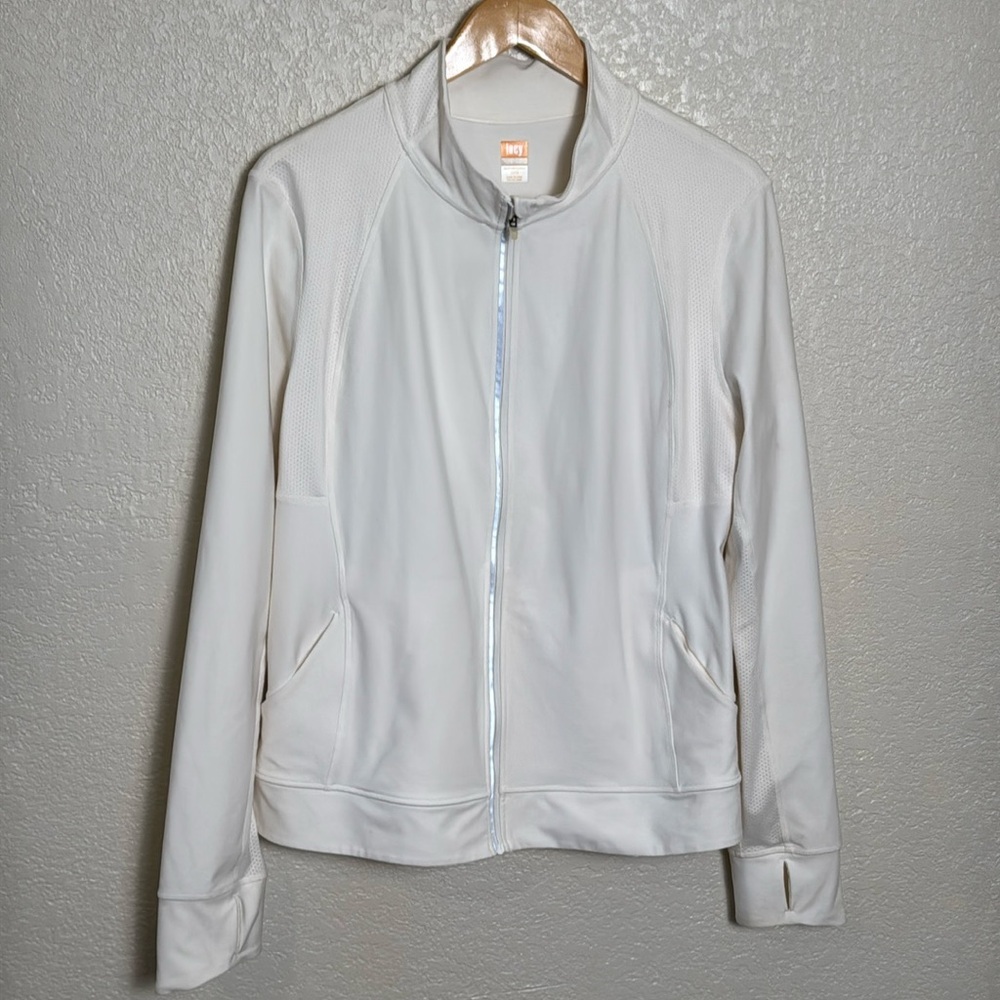 Lucy Tech XL White Jacket Zip Up Thumb Holes‎ Pockets Workout Long Sleeve